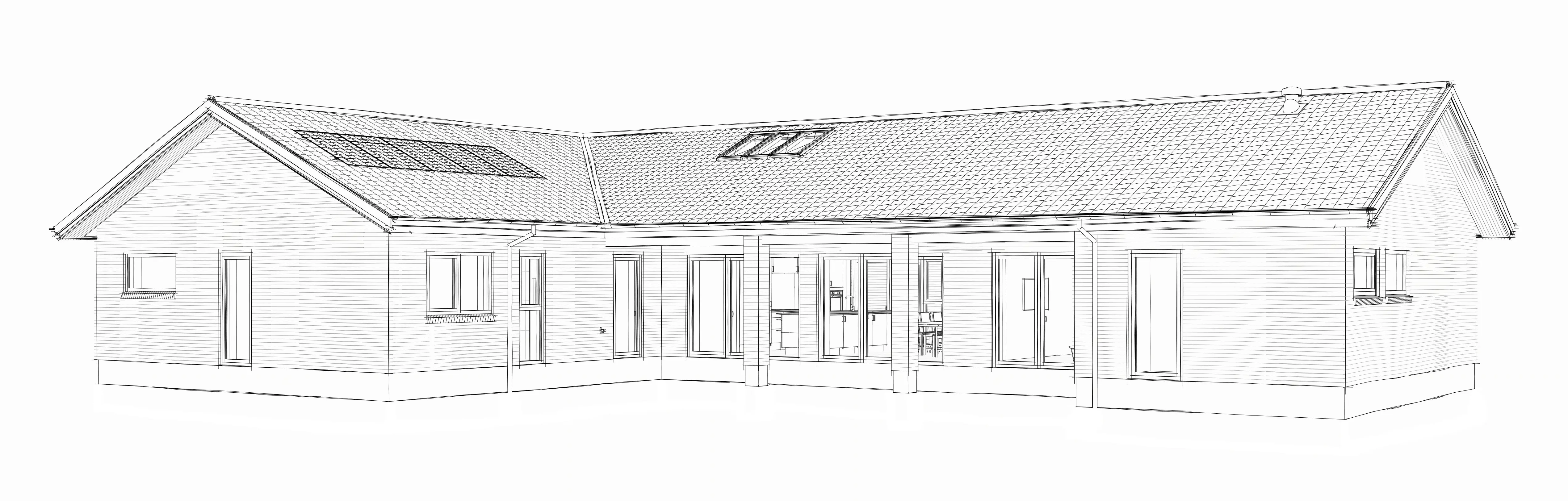 En sort/hvid skitsetegning af et vinkelhus