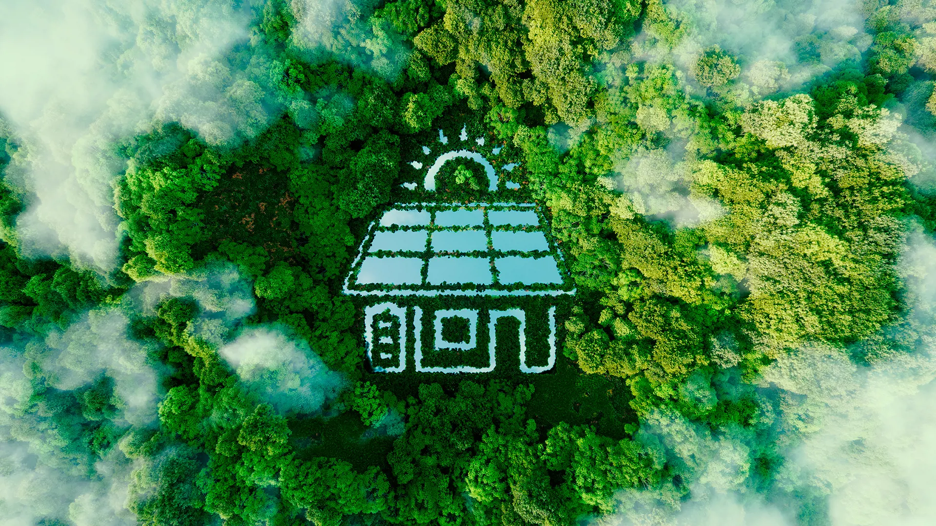 Billede af en sø i en skov, der er formet som et hus med solceller på taget, et batteri, og et vindue og en dør