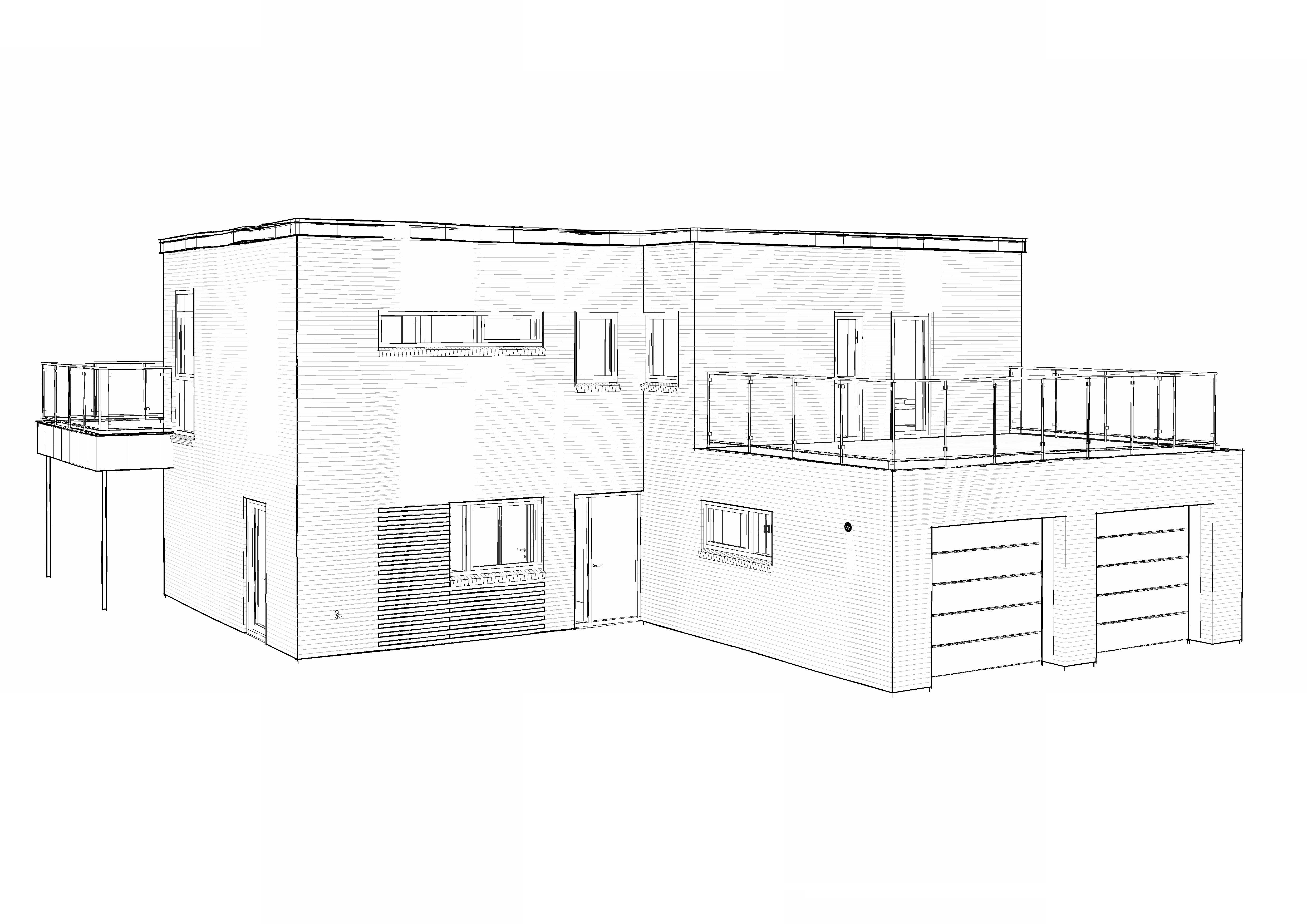 En stregtegning af et 2-plans hus, vi, som byggefirma, har bygget