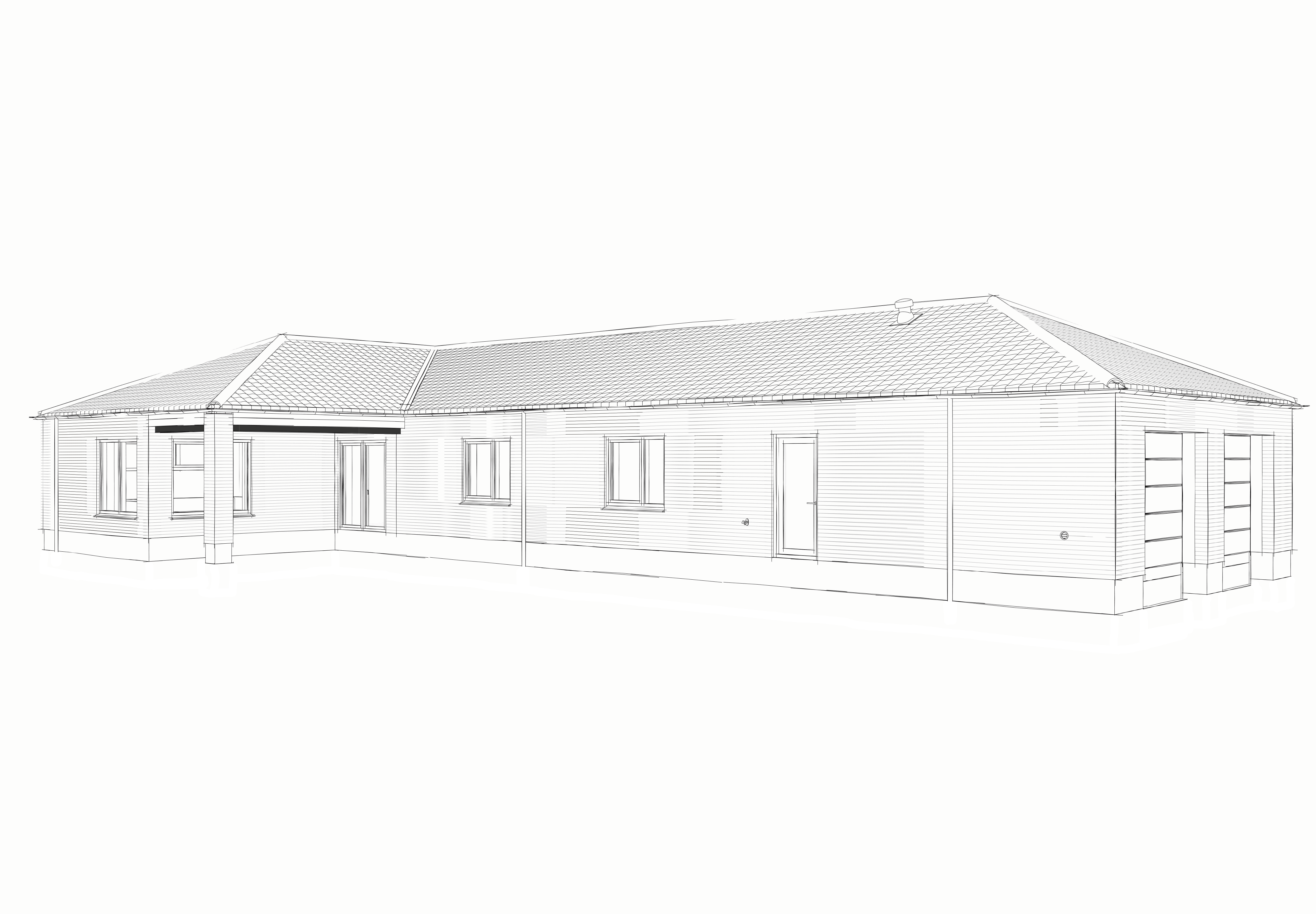 En sort/hvid skitsetegning af et vinkelhus